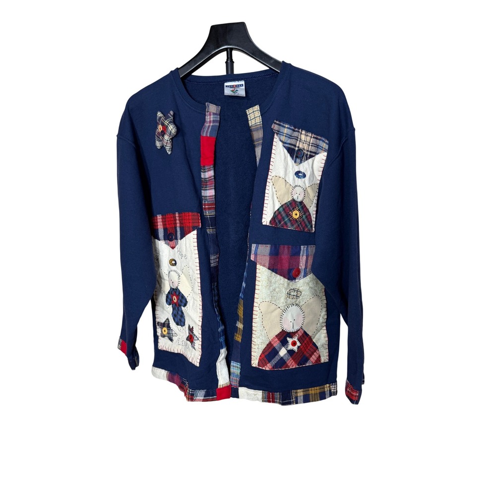 Vintage Jerzees Navy Blue Patchwork Angel‎ Cardigan Sweatshirt Womens Medium 90s
